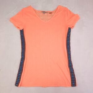 Vintage Y2k Neon Orange Pink Lace Boho Shirt Buckle BKE Small Burnout Aztec